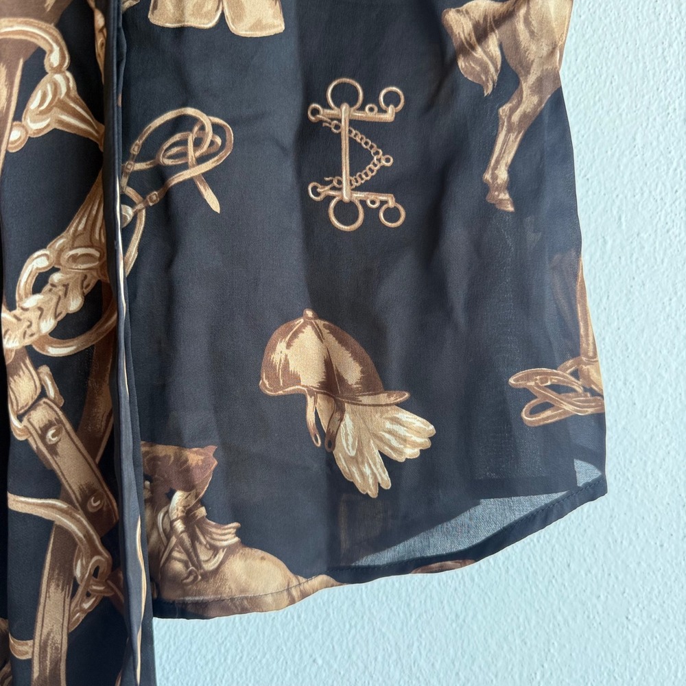 Lauren Ralph Lauren Black Silk Equestrian Horse Print Tie Neck Sleeveless Blouse - Picture 12 of 15